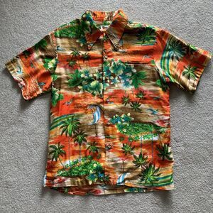 Pacific Isle Shirt Mens L Orange Green‎ Floral Beach Dagger 70s Hawaiian Shirt
